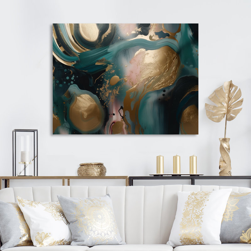 Or et vert marbré Euphoria I - impression sur toile de marbre abstrait, Toile tendue, H 12 po x l 20 po x P 1 po