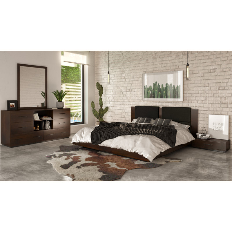 Ensemble de chambre avec lit plateforme 5 pièces Boushra, Noyer foncé, Très grand