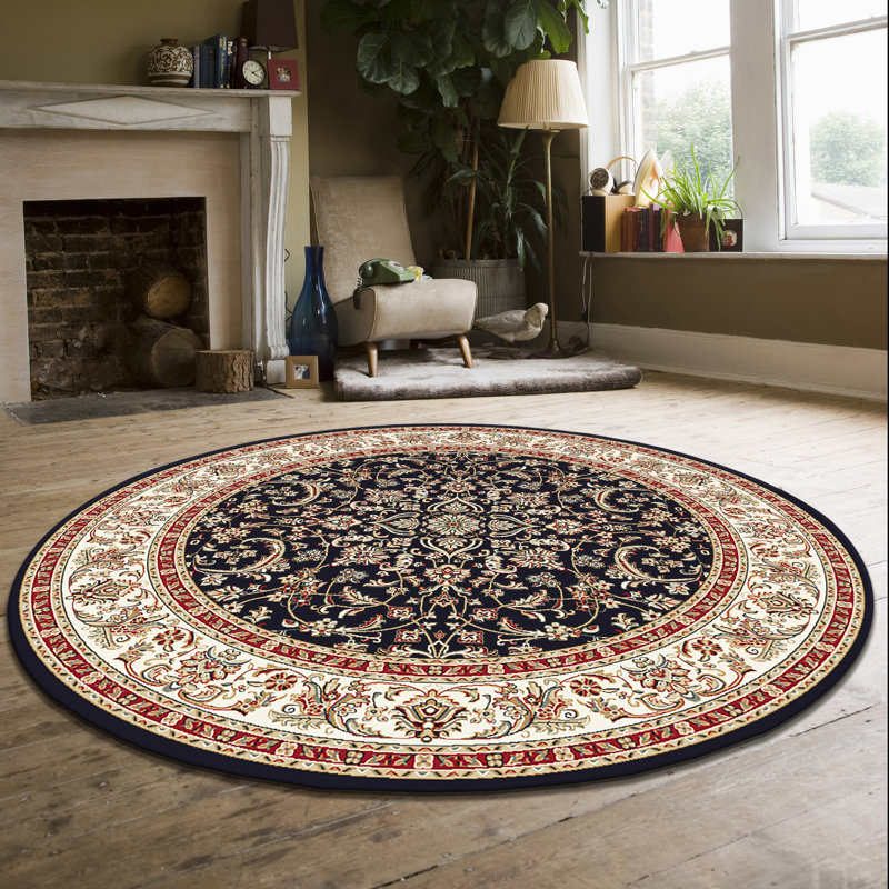 Tapis noir à motif floral, Rond 5 pi 3 po