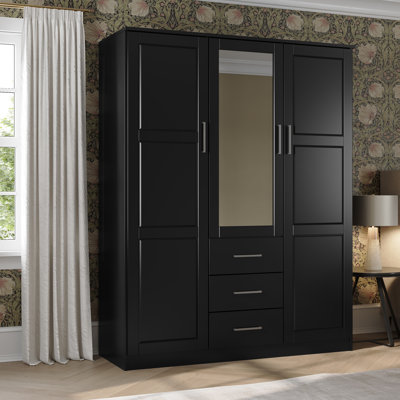  Armoire-penderie à 100% en bois massif avec miroir, tiroirs et tablettes réglables Aveah