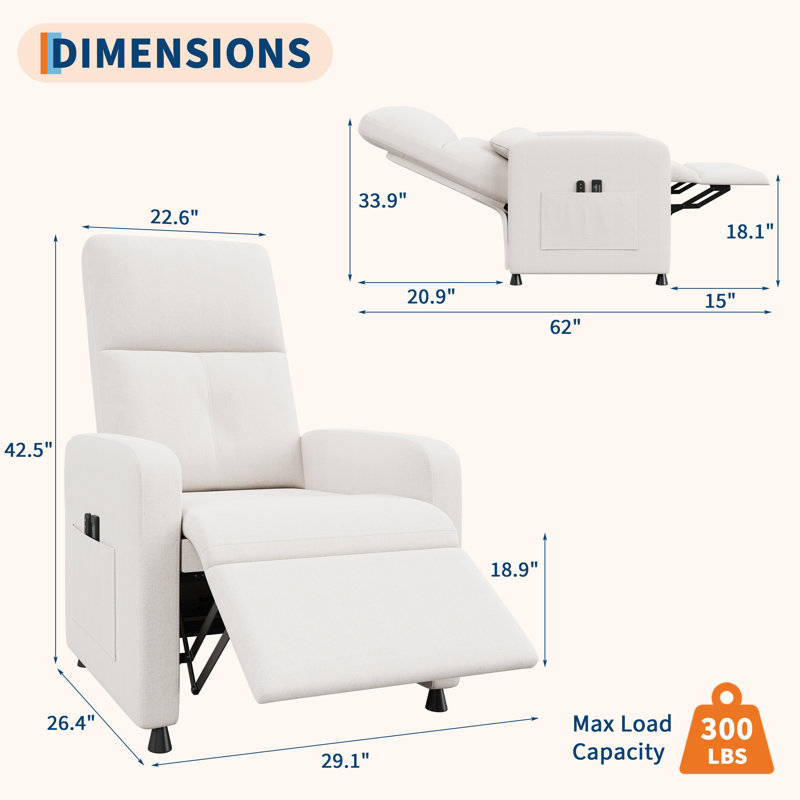 Fauteuil inclinable inclinable à réglage électrique avec massage et poches latérales chauffantes et port USB, Blanc