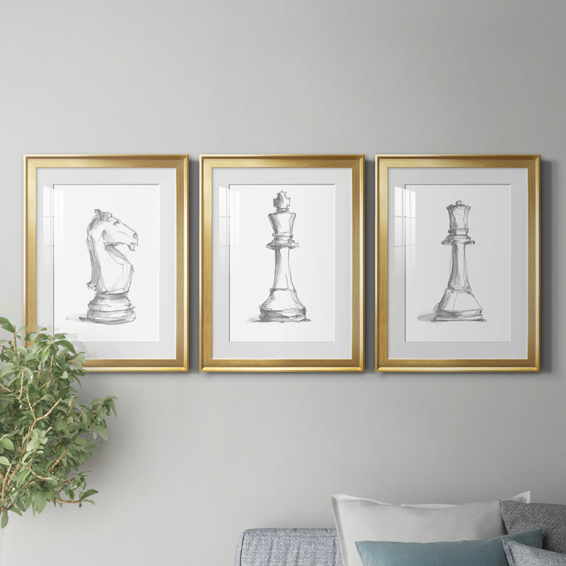 Chess Room Study I - Ensemble de 3 peintures encadrées, H 24,5 po x l 55,5 po x P 1 po, Cadre doré