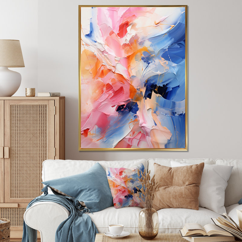 Fusion rose, bleu et fleurs I, H 32 po x l 24 po x P 1 po, Cadre flottant doré