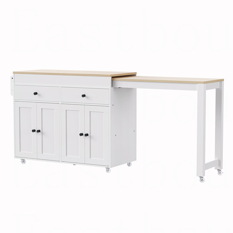 74.5 inch Kitchen Island with Extendable Dining Table , Rolling Kitchen Island on Wheels with Spice Rack and 2 Drawers, 4 Door Cabinet, for Kitchen, Dining Room, White (One Package)