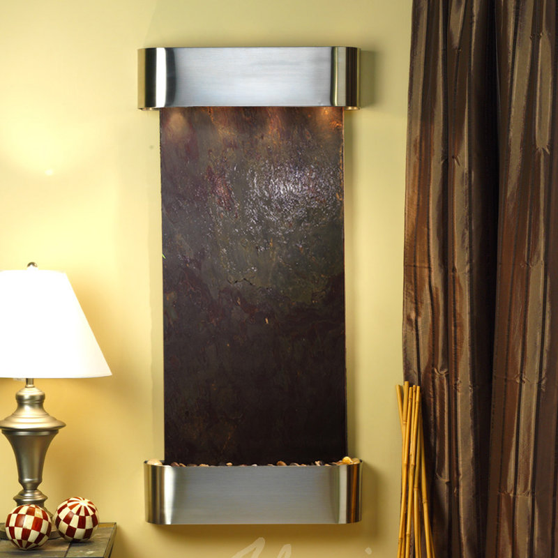 Cascade Springs Natural Stone Fountain with Light, Multi-Color Feather, Stainless Steel