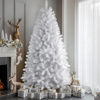 Arbre de Noël artificiel à charnière blanc 7 pi avec lumières blanches chaudes pré-éclairées, embouts de branches et support pliable, choix pour Noël