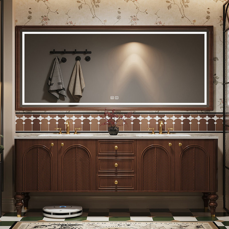 Armoire de salle de bain double à double cuve rétro, 79", Brun
