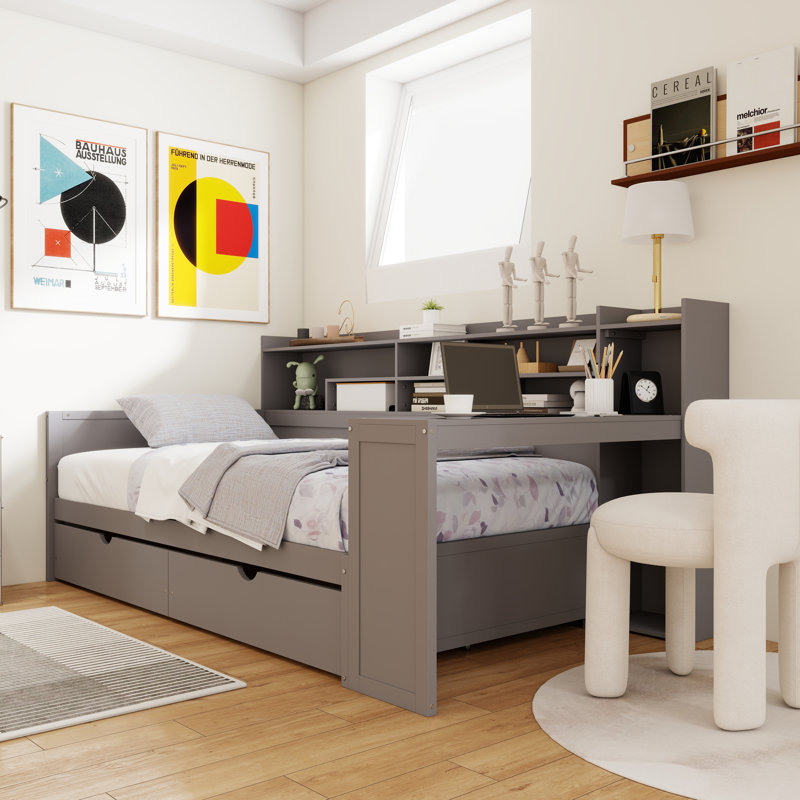 Lit de jour multifonctionnel avec deux tiroirs de rangement et un bureau d'étude, Gris, Lit simple