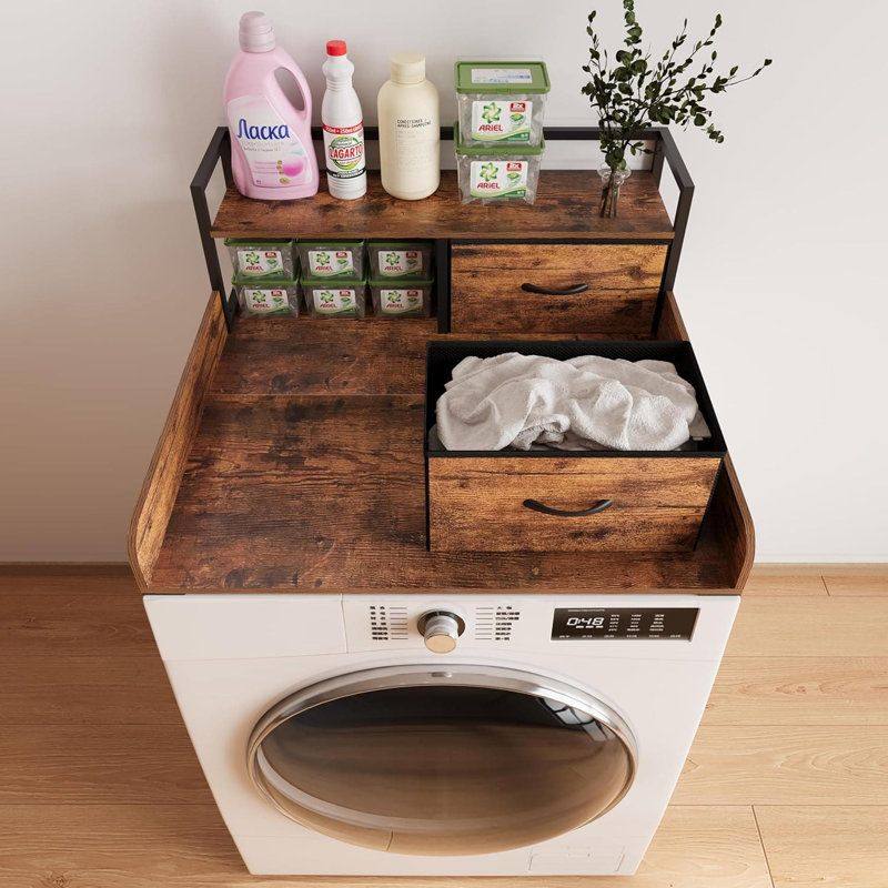 2-tier Washer Dryer Countertop Organizer With Fabric Drawers, Shelf, Guardrail And Non-slip Pads For Laundry Room Storage