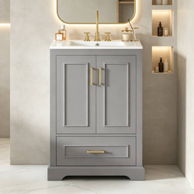 Meuble-lavabo autoportant de 24 po avec lavabo en céramique, tiroir de rangement et organisateur de porte, portes à fermeture en douceur, poignées dorées