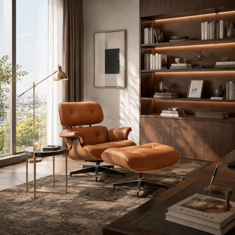 Méridienne Mid-Century avec repose-pieds, fauteuil d'appoint en cuir véritable, fauteuil inclinable ergonomique pour la chambre à coucher du salon