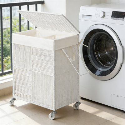Dual-Layer Laundry Cart With Lid – Handwoven Rolling Hamper, 115L Large Capacity With Removable Liner