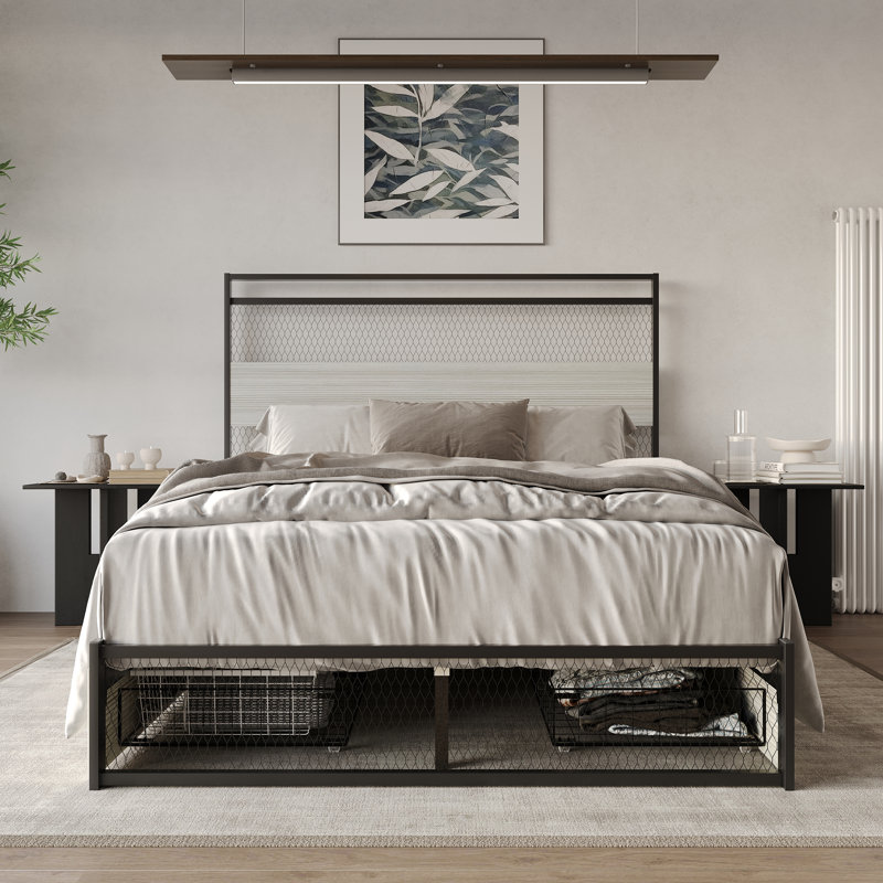 Full Metal Platform Bed With Storage In Brown, Light Gray, Full