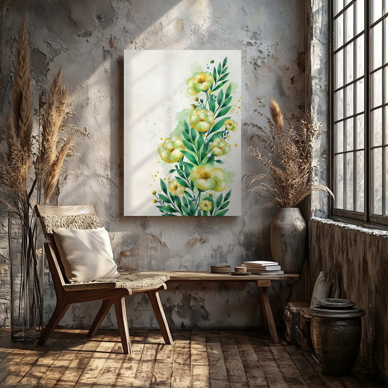 Toile, composition florale vibrante mettant en vedette des fleurs jaunes délicates dans des tailles variées d'art mural gracieusement disposées sur une toile verte