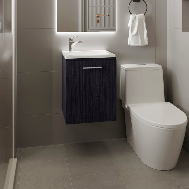 Floating, Wide One-Door Cabinet Vanity, With Resin Sink And One Shelf, Bathroom Storage, Black, Black