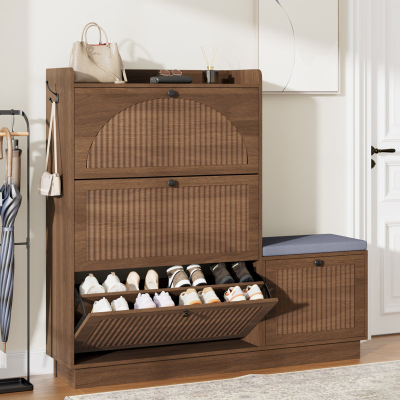 Armoire à chaussures à 3 niveaux avec banc à chaussures, tablettes amovibles, Walnut