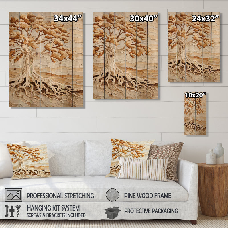 Automne, racines de baobab I - Art mural traditionnel sur bois de pin naturel, H 32 po x l 24 po x P 0,78 po