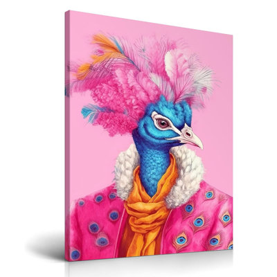 Pink Peacock Framed Wall Art,12X16in Funky Hipster Canvas Print,Quirky Animal In Fur Fashion Picture Preppy Home Decor For Living Room Bedroom Bathroom,Set Of 1