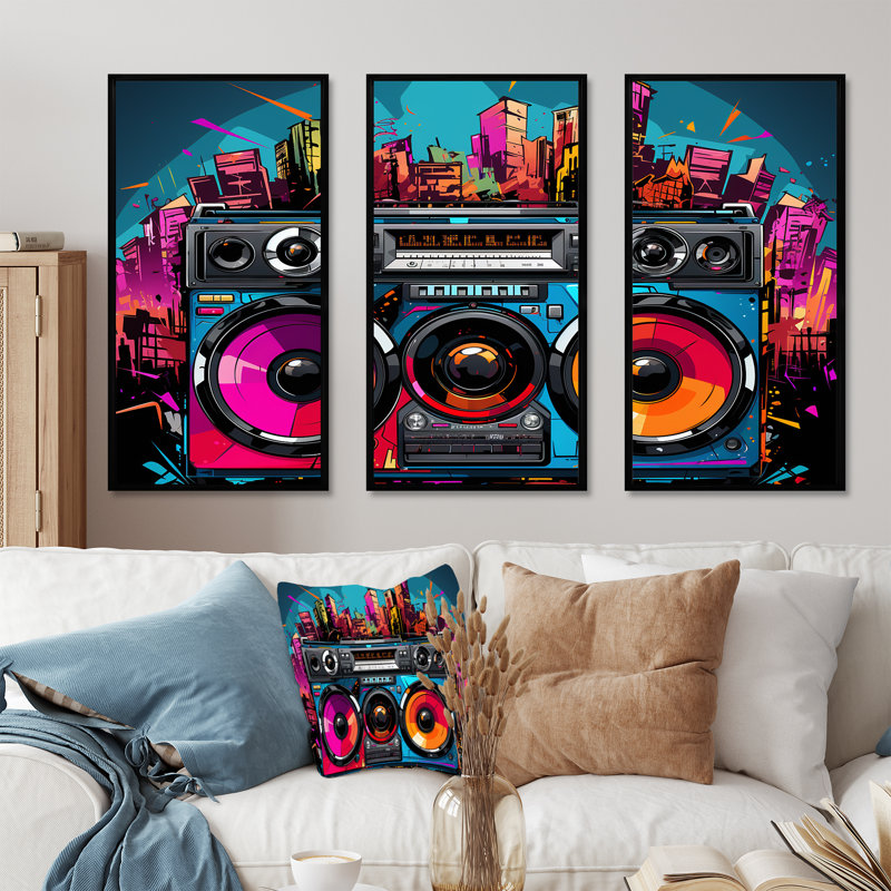 Pop Art Vibrant Boom Box Music - Platines et boîtes murales, Cadre flottant noir, H 40 po x l 61 po