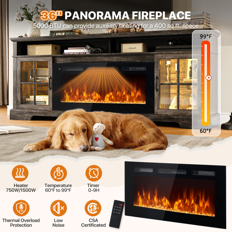 TV Stand Fireplace, 85.1 cm H x 177.8 cm W x 36.1 cm D, Grey