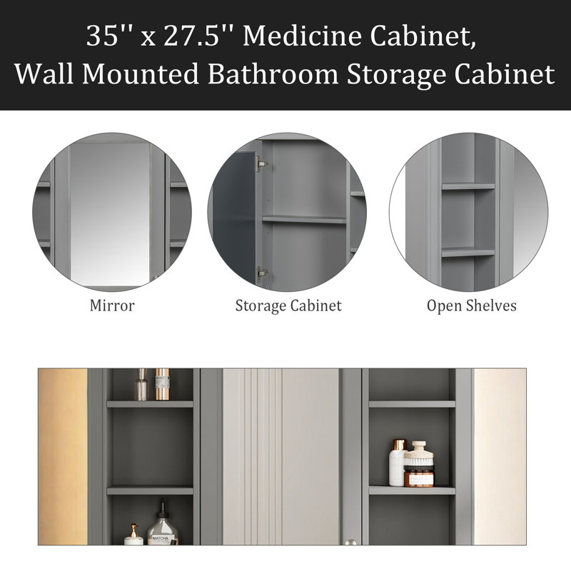 Armoire à pharmacie de 35 po x 27,5 po, armoire de rangement murale pour salle de bain, armoire de salle de bain moderne avec miroir, armoire à miroir avec 6 tablettes ouvertes