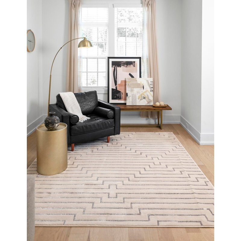 Tapis contemporain blanc et argenté Omotayo, Carré 7 pi 10 po