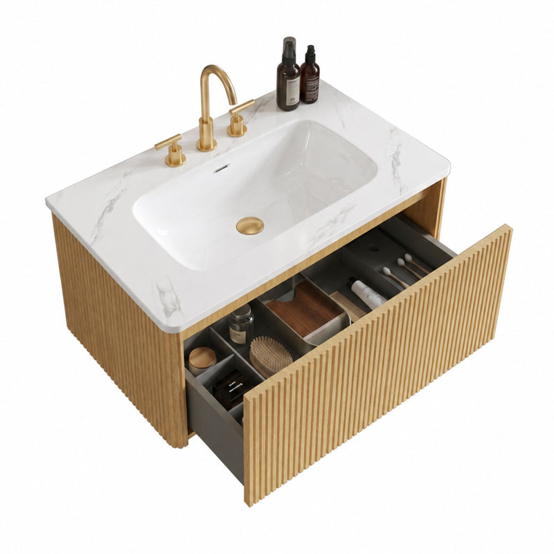 Meuble-lavabo mural simple Hannemarie de 76 cm (30 po) avec comptoir et trop-plein, Chêne naturel, Glossy White, 30"