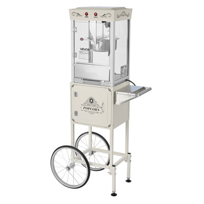 Popcorn Machine with Cart, 8oz Stainless Steel Kettle, 800W Commercial Popcorn Maker, 48 Cups per Batch Theater Style Popper, with 2-Button Control Glass Wall PC Door 1 Scoop 3 Spoons, White