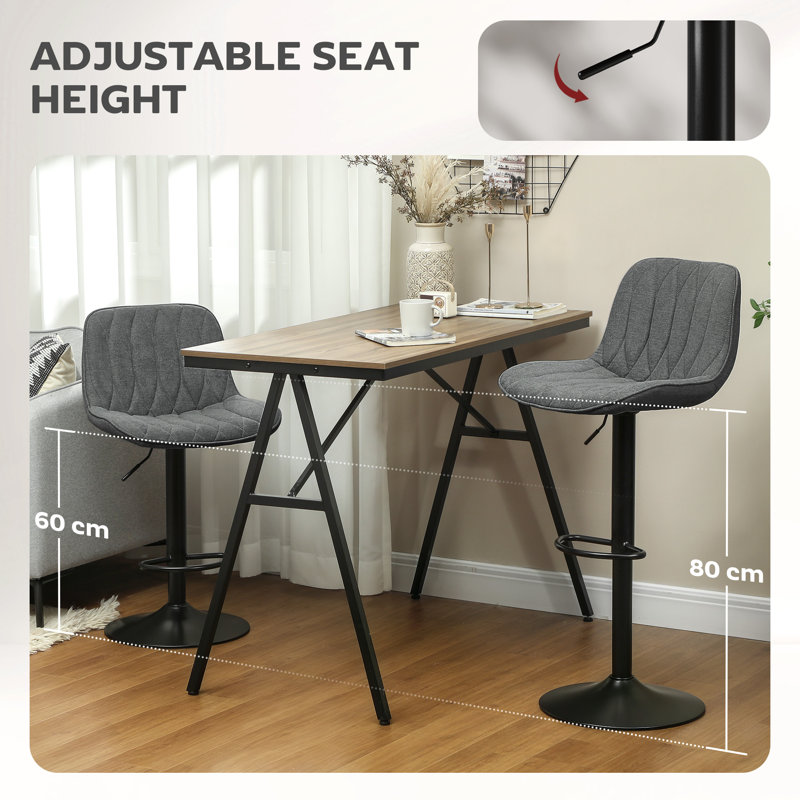 HOMCOM Bar Stools Height Adjustable with Backrest Footrest Set of 2 Brown, Charcoal Grey