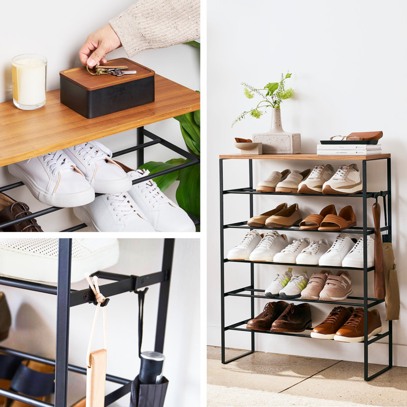 Yamazaki Home Tower 6 Tier Wood Top Shoe Rack, 34" - Steel - Holds 18 To 21 Shoes, Black