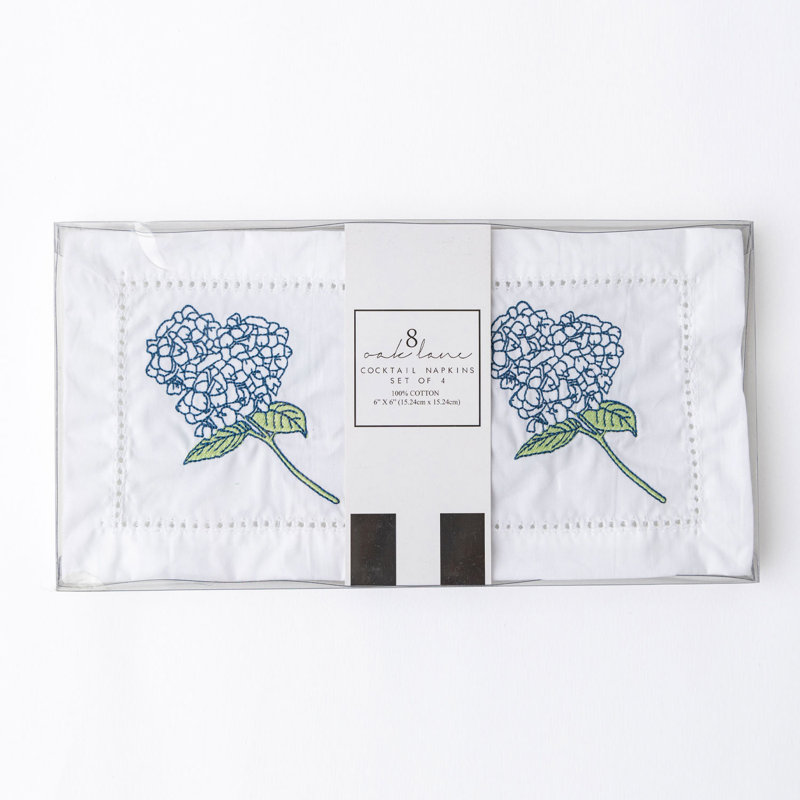 Hydrangea Stem Embroidered Cocktail Napkin Set
