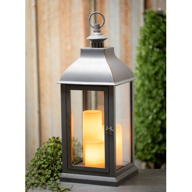 Wooden Led Lantern With Copper Roof And Battery Operated Candle