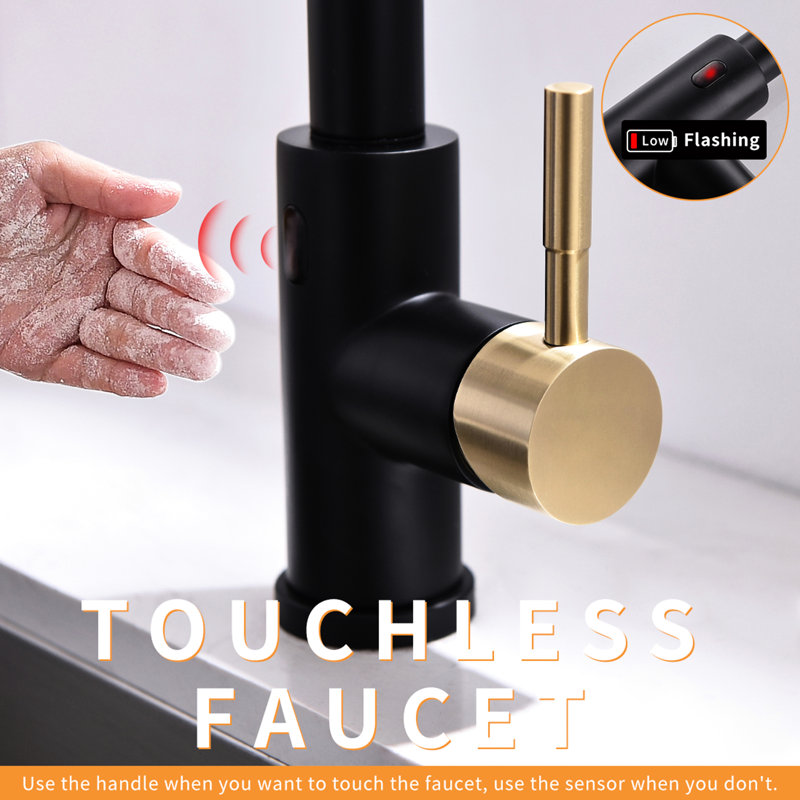 Robinet de cuisine automatique mains - sans contact avec extractible, noir et or, style contemporain, remplissage en céramique, douchette intelligente en laiton, pour la cuisine et contemporain