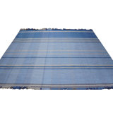 Blue Hand-Knotted Wool Subtle Striped Plaid Geometric Modern Contemporary Carpet Rug
