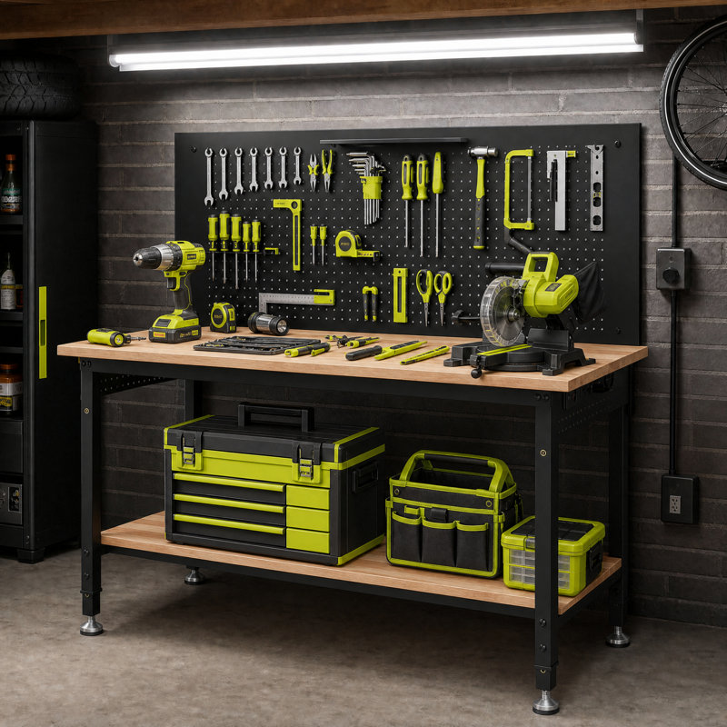 60" Multifunctional Heavy Duty Workbench For Garage With Pegboard, 2050lbs Load, Adjustable Height, Led Light, Rubberwood Tabletop