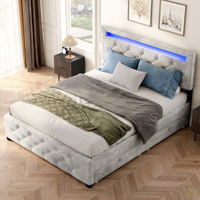 Base de lit tapissier avec rangement à 4 tiroirs et éclairage DEL, sans sommier tapissier, Grand