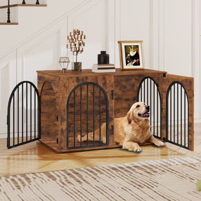 Wooden Dog Crate Furniture TV Stand, Indoor Dog Kennel for Small/Medium/Large Dogs, End Side Table Dogs Crates, Anti-Chew, Anti-Escape, Arched Door Design