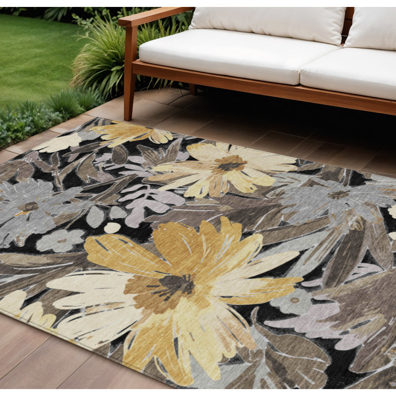 Tapis intérieur et extérieur lavable floral noir et gris 10 pi x 14 pi