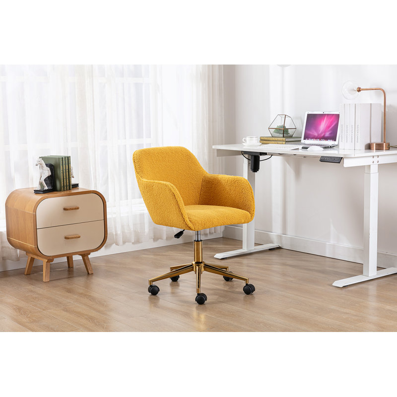 Chaise de bureau rotative à hauteur réglable en tissu Teddy, Peluche jaune