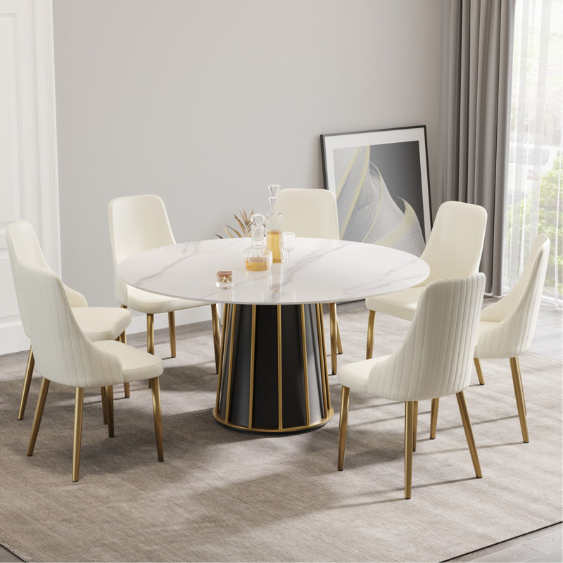 Table de salle à manger moderne 53,15 po en pierre artificielle ronde en métal noir avec base en fer pouvant accueillir 6 personnes (sans les chaises)