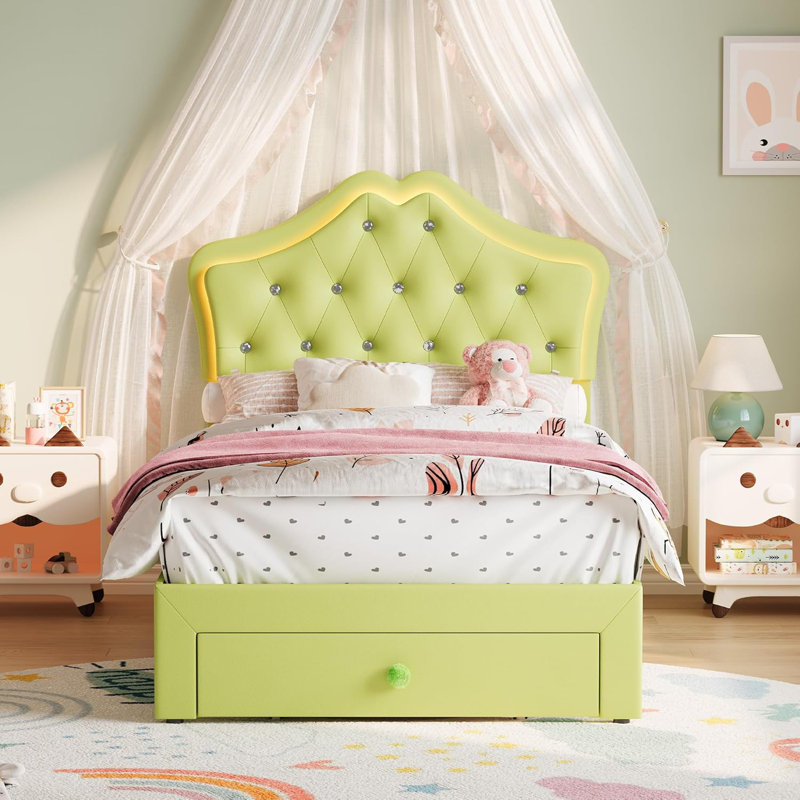 Twin Upholstered Platform Bed Frame with Storage Drawers, Low-Profile Faux Leather Bed with Crystal Accent Headboard, Green