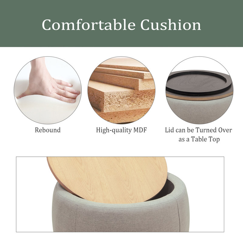 Round Storage Ottoman, 2 In 1 Function, Work As End Table And Ottoman, Gray