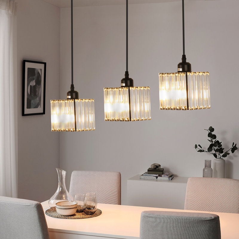 Modern Rectangular Crystal 3-Light Pendant Chandelier 