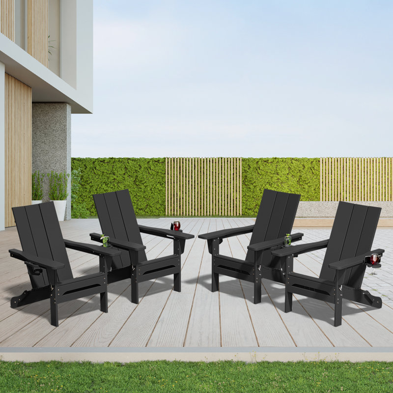 Chaise Adirondack pliante en polyéthylène haute densité Delman avec porte-gobelet double (ensemble de 4), Noir