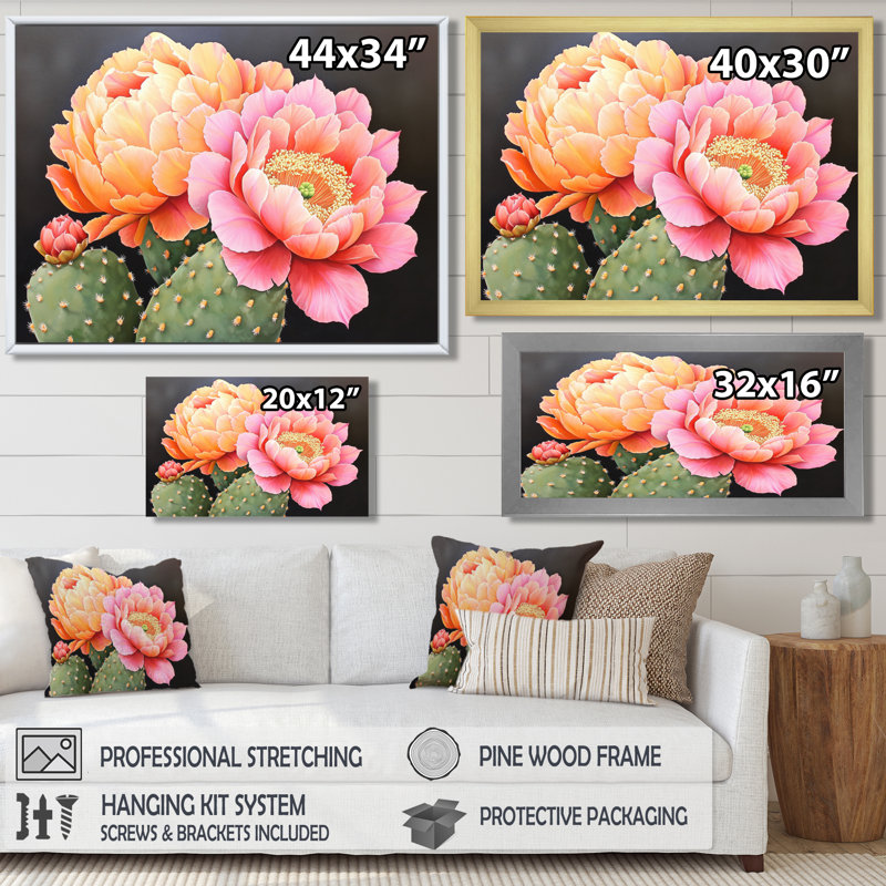 Décoration murale cactus rose et orange Bloom I - Floral, 12" H x 20" W, Single Picture Framed Print without Mat, Black