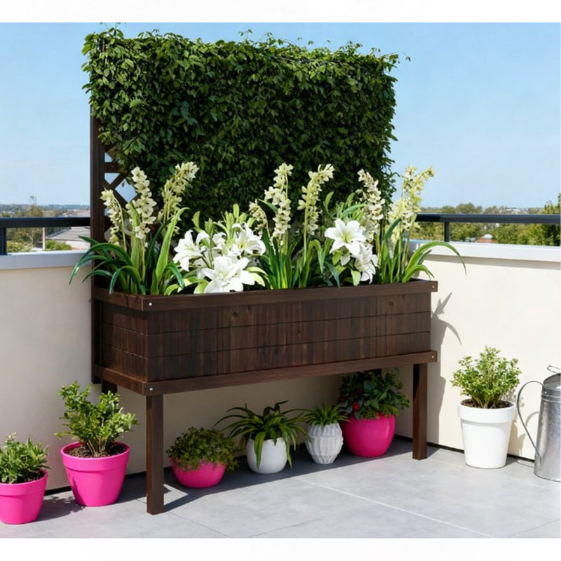Raised Garden Bed,Elevated Wood Planter With Trellis For Climbing Plants,With Legs And Drainage Holes, Brown/Black