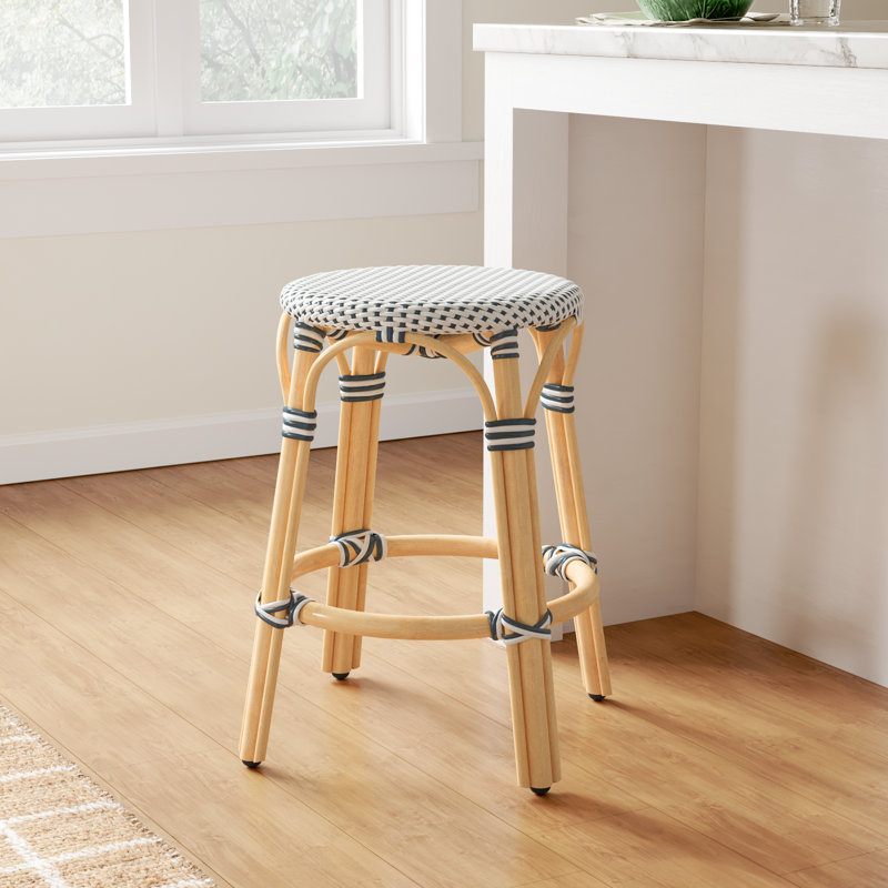 Alastair Hand-Woven Rattan Bar & Counter Stool, Counter Stool (24" Seat Height), White/Navy Dot/Natural Rattan Frame