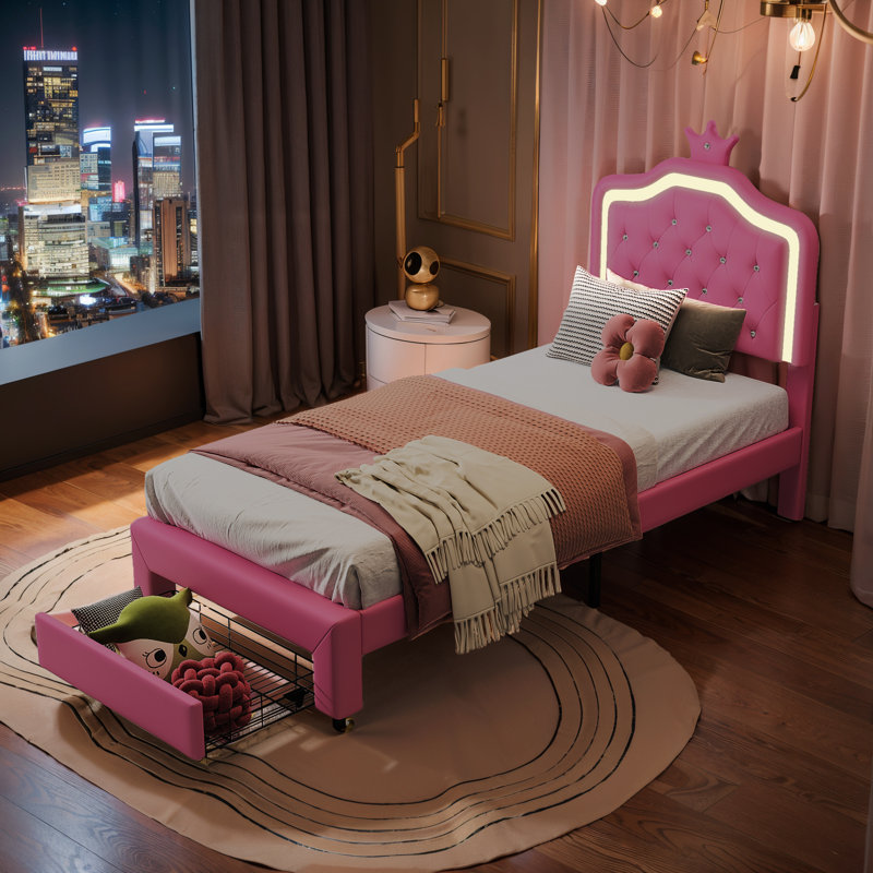 Warmth Single Bed Frame Kids Bed With LED, PU Upholstered Bed With Drawer And Adjustable Height Headboard, Platform Bed Frame With Solid Wood Slats, Easy Assembly