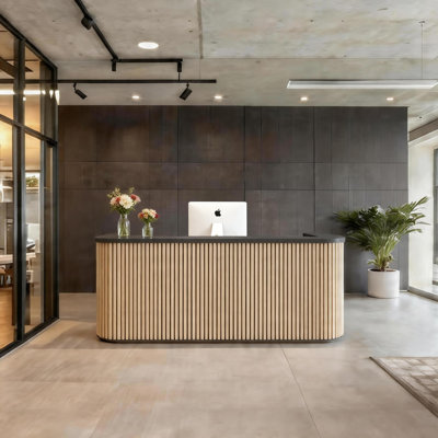 70.8" Mid-Century Style Office Front Desk with Grille Detail & Built-In LED Lights