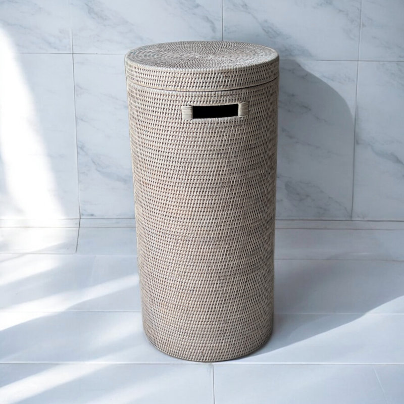 Hand Woven Wicker Laundry Hamper, 28" H x 13.5" W x 13.5" D, White Wash
